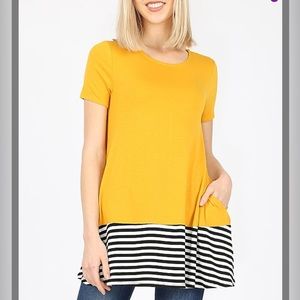 Zenana Mustard Black White Stripe Hem Short Sleeve Top Tunic Size S Small